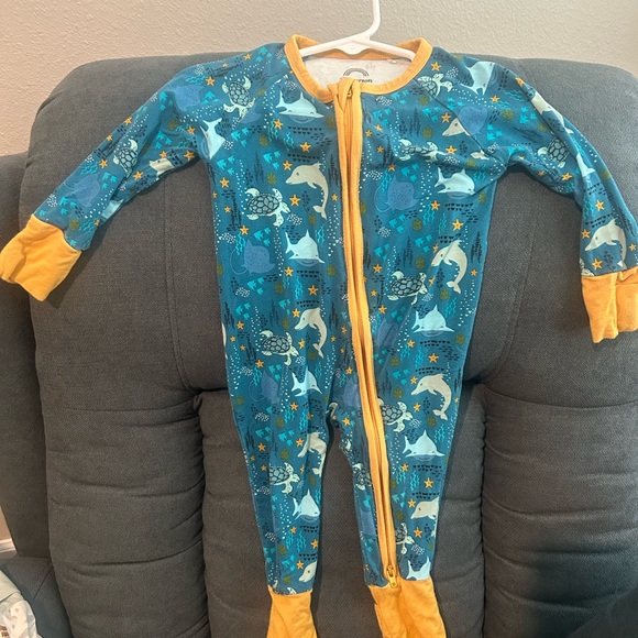 Whimsical Blue and Yellow Kids Footie Pajamas - Picture 1 of 2